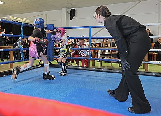 Zwei junge Boxer in einem Ring, einer trägt Blau, der andere Pink, werden von einem Erwachsenen beaufsichtigt. Zuschauer beobachten von den Seitenlinien.