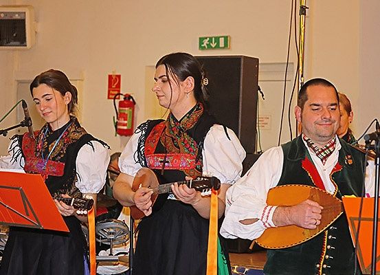 Drei Personen spielen Musikinstrumente auf der Bühne. Ein Mann und zwei Frauen sind in traditionellen Kostümen gekleidet. Sie stehen vor Mikrofonen.