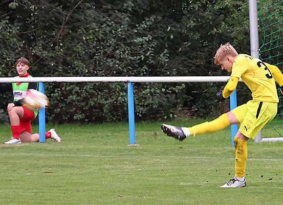 Ein Fußballspieler in Gelb tritt den Ball, während ein anderer Spieler in Grün hinter dem Tor zusieht.