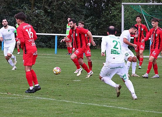 Fußballspieler treten auf einem Feld an. Ein Spieler jagt dem Ball nach, während andere am Spiel beteiligt sind. Bäume und ein Tor sind im Hintergrund.