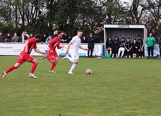 Fußballspieler konkurrieren auf einem Feld. Einer in Weiß jagt den Ball, während zwei in Rot verteidigen. Zuschauer beobachten von den Seitenlinien.