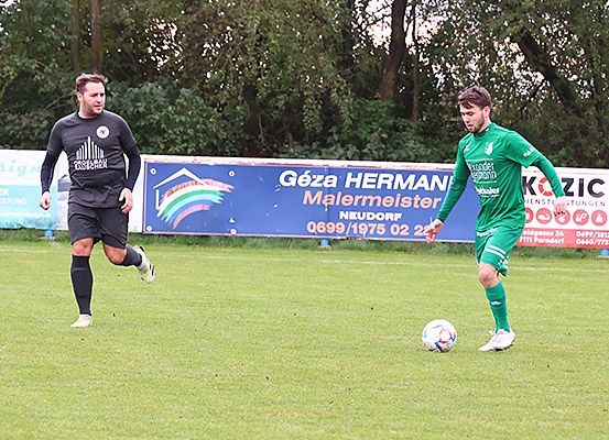 Zwei Fußballspieler befinden sich auf einem Spielfeld. Einer in Schwarz und der andere in Grün. Sie jagen einem Fußball hinterher. Ein blauer Banner mit Text und Zahlen ist am Zaun angebracht.