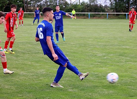 Ein Fußballspiel mit Spielern in blauen und roten Trikots. Spieler 16 tritt den Ball. Andere Spieler rennen und schauen zu. Das Feld hat grünen Rasen und weiße Markierungen.