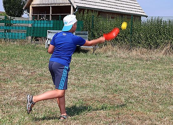 Eine Person in blauem Shirt und Mütze wirft einen gelben Ball auf einem Grasfeld mit grünem Zaun und Gebäuden im Hintergrund.