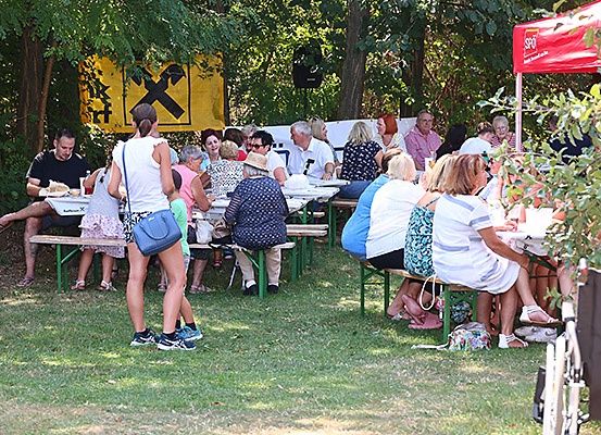 Eine Gruppe von Menschen sitzt unter einem Baldachin in einem Park an Tischen. Sie scheinen gemeinsam eine Mahlzeit zu genießen.