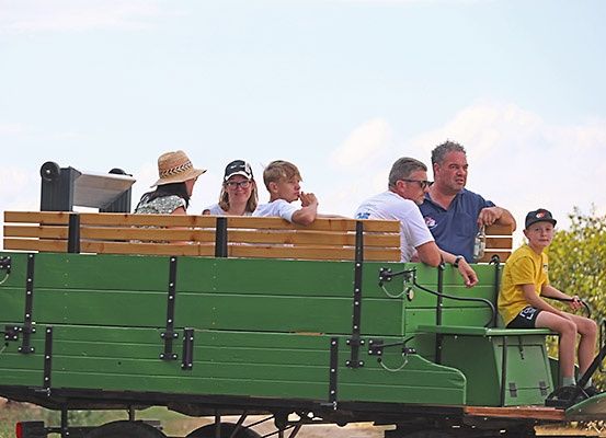 Eine Familie, die eine Fahrt in einem grünen Wagen genießt, sitzt auf hölzernen Bänken, mit Bäumen und einem bewölkten Himmel im Hintergrund.
