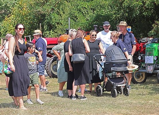 Eine Menschenmenge versammelt sich um alte Traktoren auf einem Feld, einige stehen in der Nähe eines Kinderwagens und andere betrachten die Maschinen. Bäume im Hintergrund.