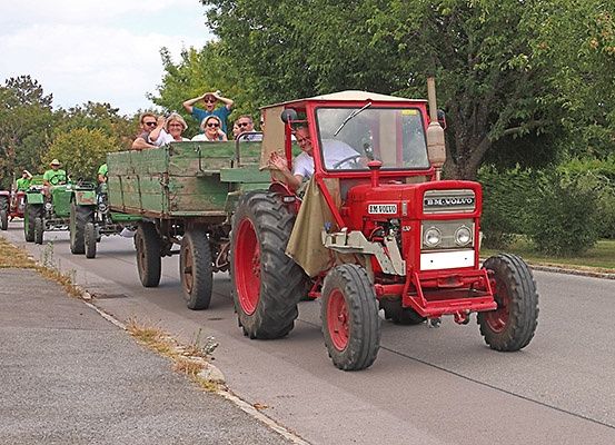 Eine Gruppe von Menschen fährt auf einem roten Traktor auf der Straße, gefolgt von anderen Traktoren. Sie tragen grüne Hemden und Hüte.