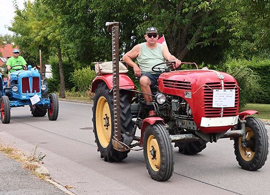 Zwei Männer fahren rote und blaue Traktoren auf einer sonnigen Straße, umgeben von Grün. Beide Traktoren haben Papiere befestigt.