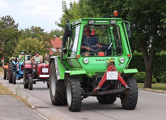 Ein Traktorkorso mit mehreren Traktoren, darunter ein grüner Deutz, fährt eine Straße hinunter, gesäumt von Bäumen.