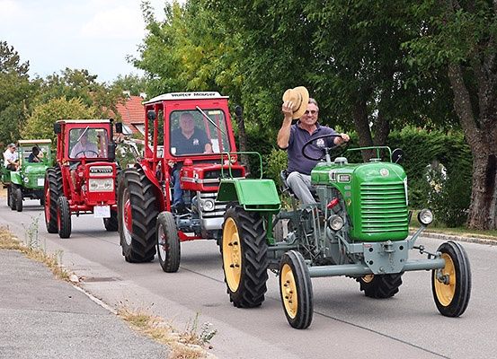 Eine Gruppe von Oldtimer-Traktoren fährt auf einer Straße mit Bäumen und einem Haus im Hintergrund.