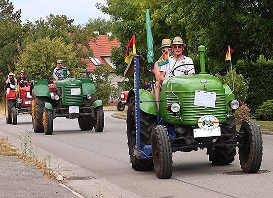 Mehrere Oldtimer-Traktoren fahren auf einer von Bäumen und Büschen gesäumten Straße. Ein Mann fährt den führenden Traktor, der mit Flaggen und einem Nummernschild verziert ist.