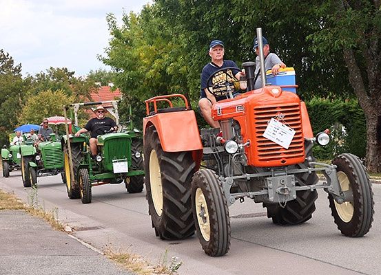 Mehrere Traktoren fahren mit Menschen darauf in einer Parade an einem sonnigen Tag. Es gibt Bäume und Büsche am Straßenrand.
