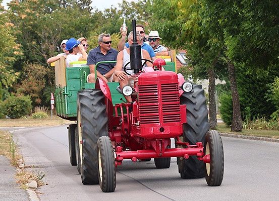 Eine Gruppe von Menschen fährt auf einem roten Traktor, wobei ein Mann eine Flasche hält und eine Sonnenbrille trägt. Sie fahren auf einer Straße, die von Bäumen gesäumt ist.