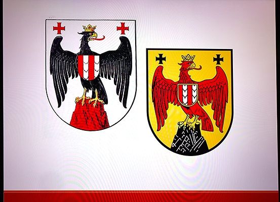 Zwei heraldische Adler, jeder auf einem Schild mit Kreuz und Krone, einer schwarz und rot, der andere rot und gelb.