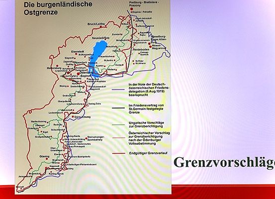 Das Bild zeigt eine Karte der östlichen Grenze von Burgenland. Es enthält verschiedene Vorschläge für die Grenze und die endgültige Grenzvereinbarung. Die Karte trägt den Titel 'Grenzvorschläge' und hat einen Wasserzeichen am unteren Rand.