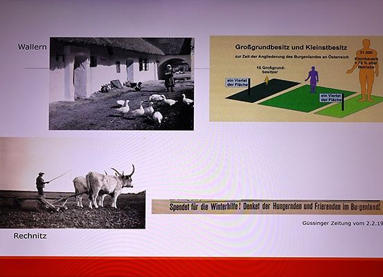Eine Folie zeigt zwei historische Bilder und ein Diagramm. Das erste Bild mit dem Titel 'Wallern' zeigt einen Bauernhof mit einer Frau und Gänsen. Das zweite Bild mit dem Titel 'Rechnitz' zeigt einen Mann beim Pflügen mit Ochsen. Das Diagramm veranschaulicht den Landbesitz während der Angliederung von Burgenland.