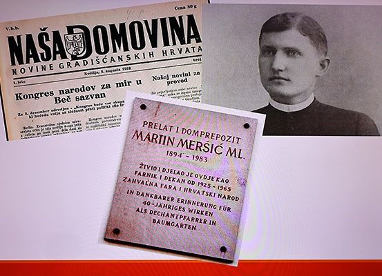 Eine Collage besteht aus einer Zeitung mit dem Titel Nasa Domovina, einem Porträt eines Mannes und einer Gedenktafel für Martin Mersic ML.