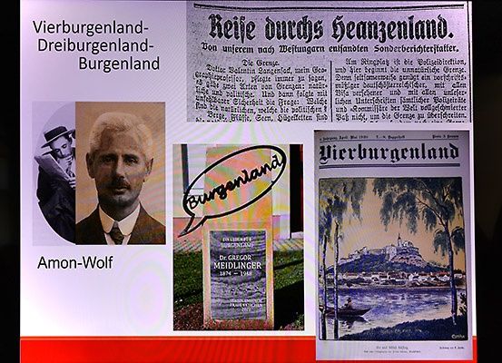 Eine Collage enthält ein Bild eines Mannes, eine Sprechblase und ein Landschaftsgemälde. Der Text erwähnt Vierburgenland-Dreiburgenland-Burgenland und Amon-Wolf.