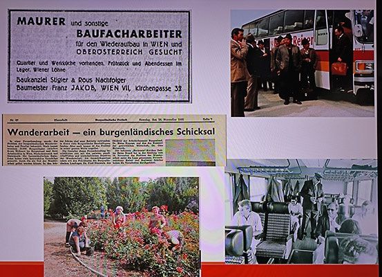 Ein Plakat für Bauarbeiter in Wien und Oberösterreich, ein Foto von Menschen, die einen Bus besteigen, und ein Zeitungsausschnitt über Wanderarbeiter.