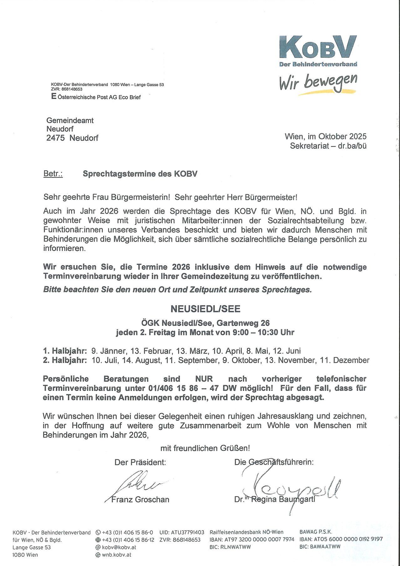 Postcard from KOBV, Neudorf, 2475 Neudorf. It informs about the speech days of KOBV for 2026, inviting to book appointments for social rights advice or disability services. The event takes place in Neusiedel/See, Gartenweg 26, on Fridays from 9:00 to 10:30. Appointments can be made by phone.