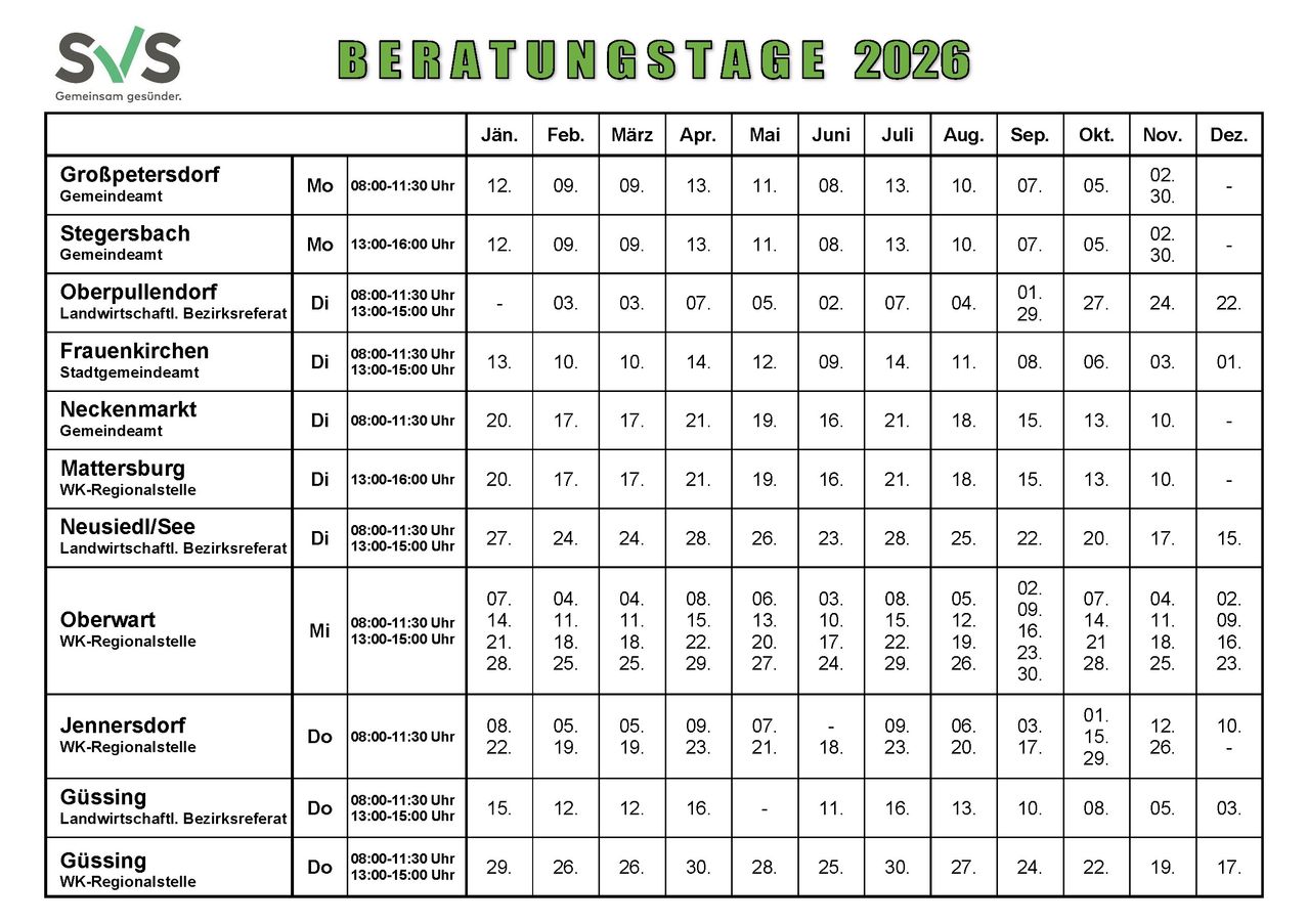 The image is a table titled 'BERATUNGSTAGE 2026'. It lists different time slots and corresponding dates for meetings or consultations throughout the year.
