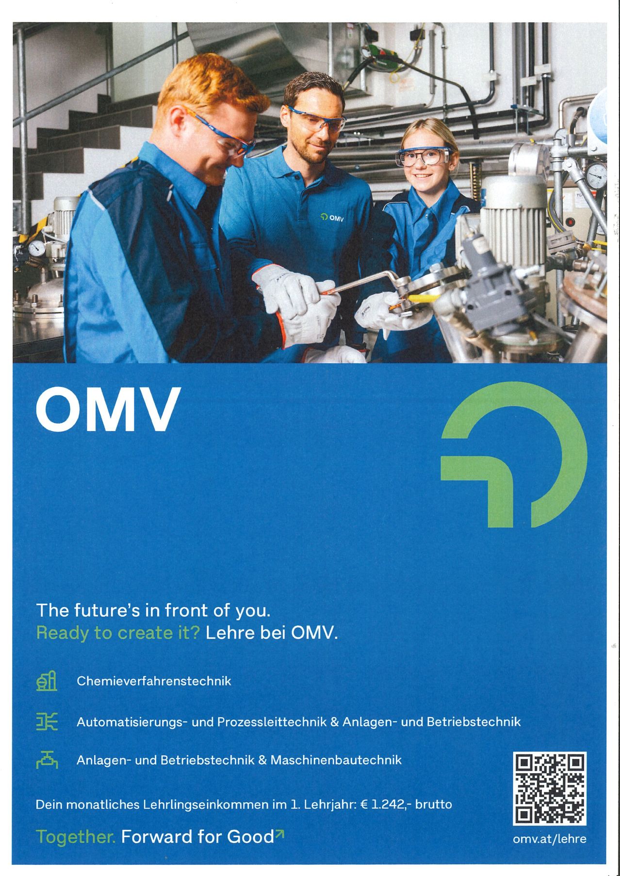 Three workers in blue uniforms and safety glasses work in a factory. They are engaged in a task using tools. The company name OMV is displayed prominently on the banner. The text reads: 'The future's in front of you. Ready to create it? Lehre bei OMV.' Icons for chemical process technology, automation, and plant and operating technology are also visible.