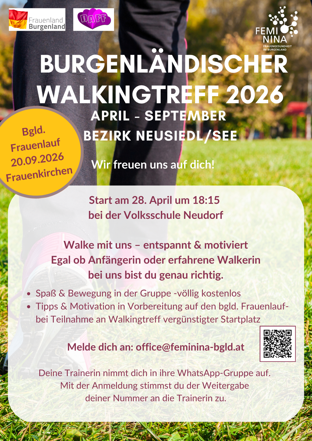 Poster for Burgenlandischer Walkingtreff 2026, April-September. Join the walking group in Neusiedl/See. Starts April 28, 18:15 at Neudorf. Free fun and movement. Tips and motivation included. Register at office@femina-bgld.at. QR code for registration.