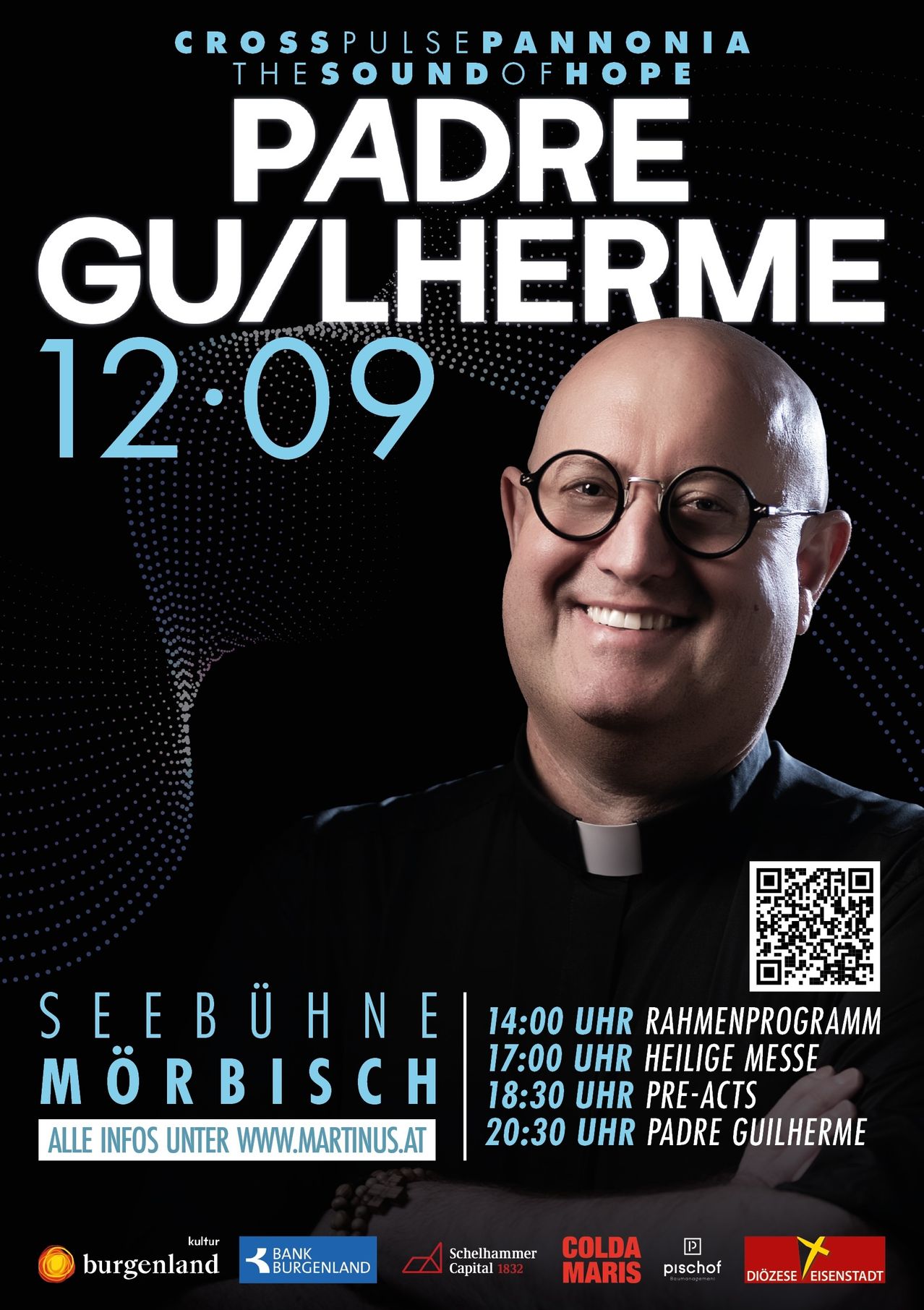 Plakat für die Veranstaltung von Vater Gu/Lherme am 12. September, mit einem lächelnden Priester in einer Brille und einem QR-Code für weitere Informationen.