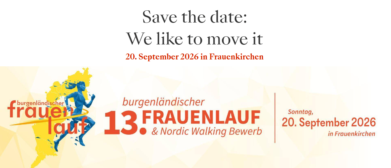 Plakat für den 13. Frauenlauf am 20. September 2026 in Frauenkirchen mit einer Lauffigur und Veranstaltungsdetails.
