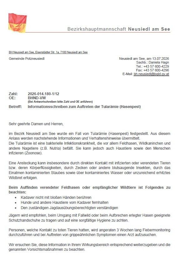 An official letter from the District Office of Neusiedl am See, dated 13.07.2026, informs about a case of tularemia (hare plague) in the district. It provides information and guidelines on the disease, which affects wild and domestic animals, and emphasizes the importance of hygiene and protective measures.