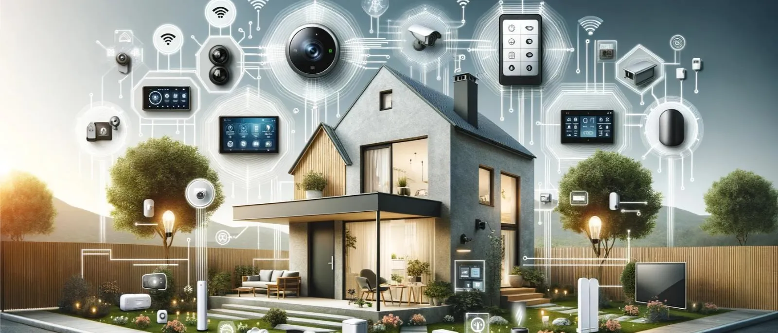 Illustration eines Smart Home mit verschiedenen vernetzten Geräten und Sensoren, umgeben von Technologie-Symbolen.