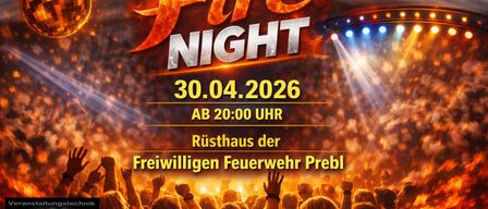 Veranstaltungsplakat für Fire Night, mit einer Menschenmenge in einer Disco-Umgebung mit Feuereffekten und einem Datum vom 30. April 2026, Beginn um 20:00 Uhr.