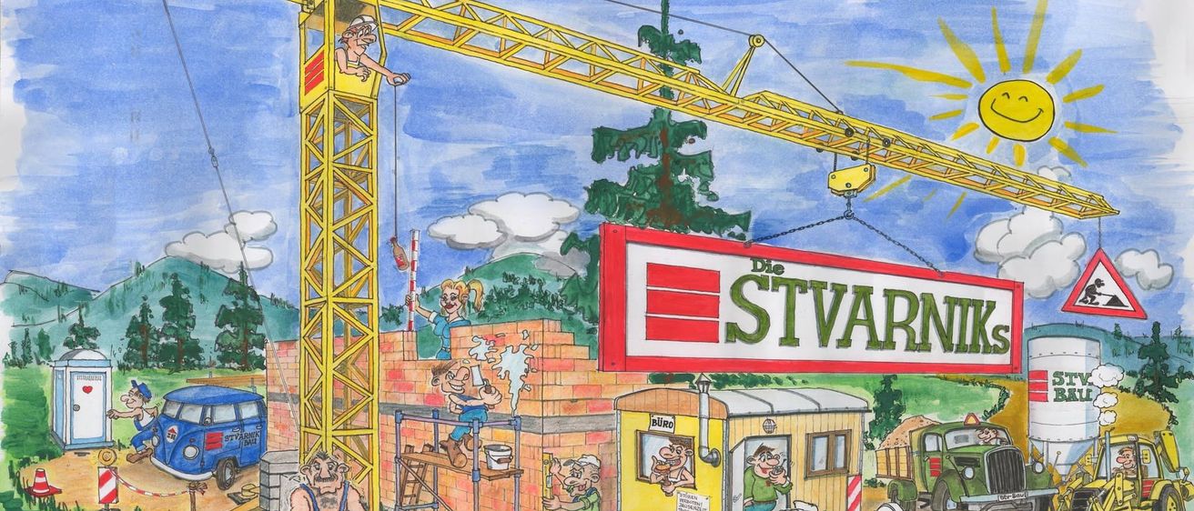 Eine Cartoon-Illustration einer Baustelle mit einem Kran, Arbeitern und einem Schild mit der Aufschrift 'Die STVARNIK'. Die Arbeiter sind mit verschiedenen Aufgaben beschäftigt, und ein Van ist in der Nähe geparkt.