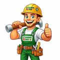 Ein Cartoon-Bauarbeiter mit gelbem Helm, grüner Latzhose und Werkzeuggürtel gibt ein Daumen hoch, während er einen Hammer hält.