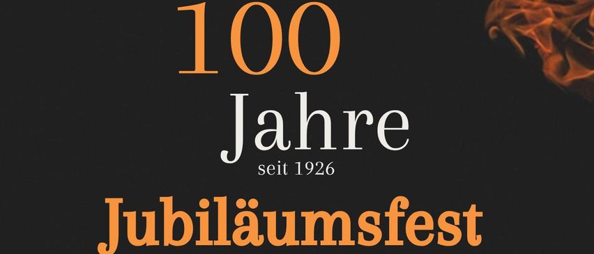 Plakat für das 100-jährige Jubiläum der Freiwilligen Feuerwehr Dirmbach mit Feuergrafik, Daten und Veranstaltungsdetails.