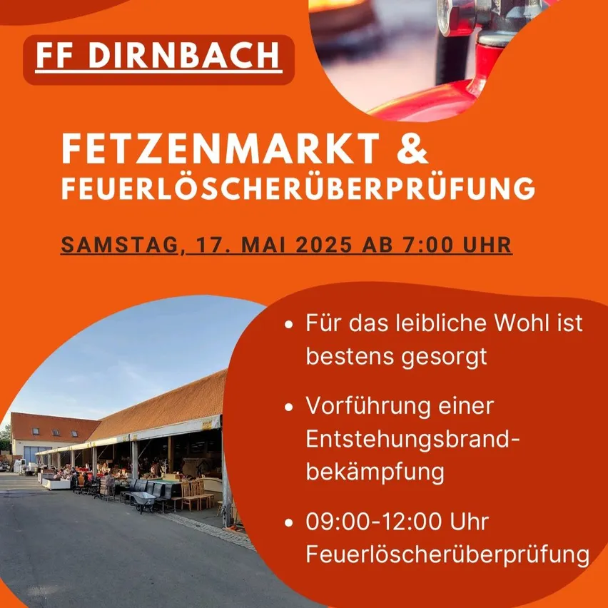 FF Dirnbach-Werbeplakat für einen Fettmarkt und eine Feuerlöscherüberprüfung am Samstag, 17. Mai 2025 um 19:00 Uhr.