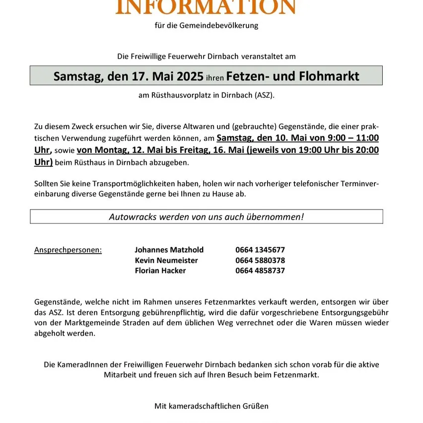 Plakat mit Informationen über den Flohmarkt in Dirmbach am 17. Mai 2025. Der Markt findet im Gemeindezentrum von Dirmbach statt. Besucher werden gebeten, verschiedene Gegenstände zum Verkauf mitzubringen. Es werden Abgabezeiten angegeben. Kontaktinformationen und eine Anmerkung zur Abholung der Gegenstände sind enthalten.