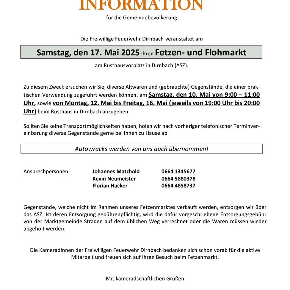 Plakat mit Informationen über den Flohmarkt in Dirmbach am 17. Mai 2025. Der Markt findet im Gemeindezentrum von Dirmbach statt. Besucher werden gebeten, verschiedene Gegenstände zum Verkauf mitzubringen. Es werden Abgabezeiten angegeben. Kontaktinformationen und eine Anmerkung zur Abholung der Gegenstände sind enthalten.