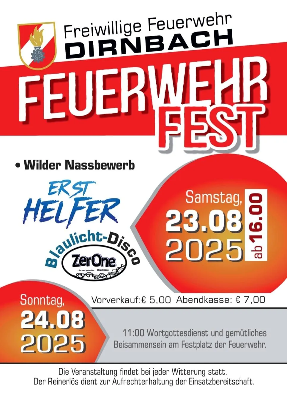 Ein Plakat für das Feuerwehrfest mit dem Datum 23. August 2025 und der Zeit von 16:00 Uhr. Es enthält Details zur Veranstaltung mit einem Preis für Vorverkaufstickets und Abendkassentickets.