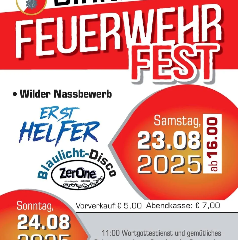 Ein Plakat für das Feuerwehrfest mit dem Datum 23. August 2025 und der Zeit von 16:00 Uhr. Es enthält Details zur Veranstaltung mit einem Preis für Vorverkaufstickets und Abendkassentickets.