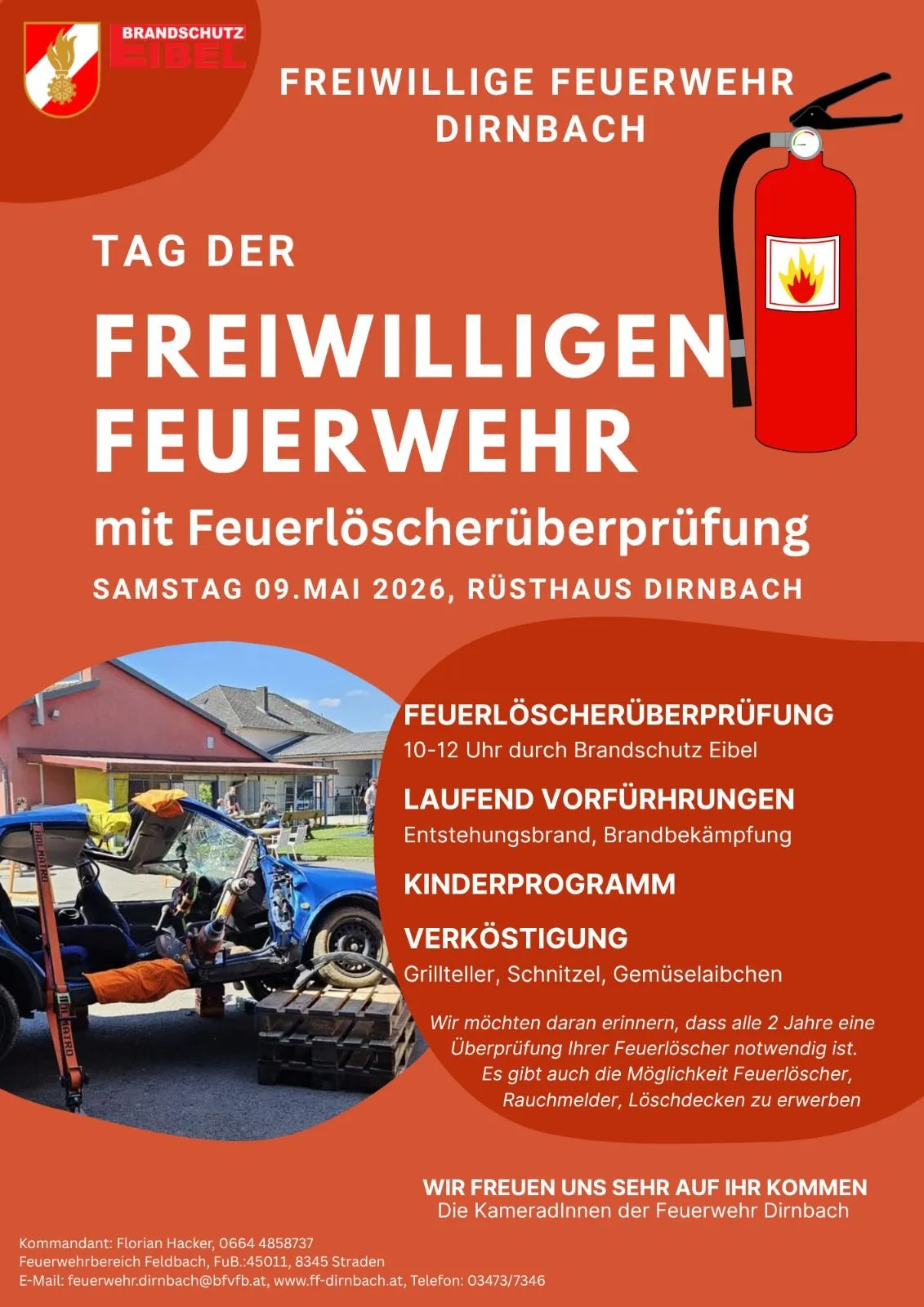 Veranstaltung für Freiwillige der Feuerwehr mit Überprüfung der Feuerlöscher am Samstag, 9. Mai 2026, im Rusthaus Dirnbach. Mit Feuerlöscherprüfung, laufender Vorführung, Kinderprogramm und Verpflegung.