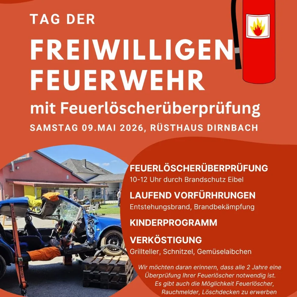 Veranstaltung für Freiwillige der Feuerwehr mit Überprüfung der Feuerlöscher am Samstag, 9. Mai 2026, im Rusthaus Dirnbach. Mit Feuerlöscherprüfung, laufender Vorführung, Kinderprogramm und Verpflegung.