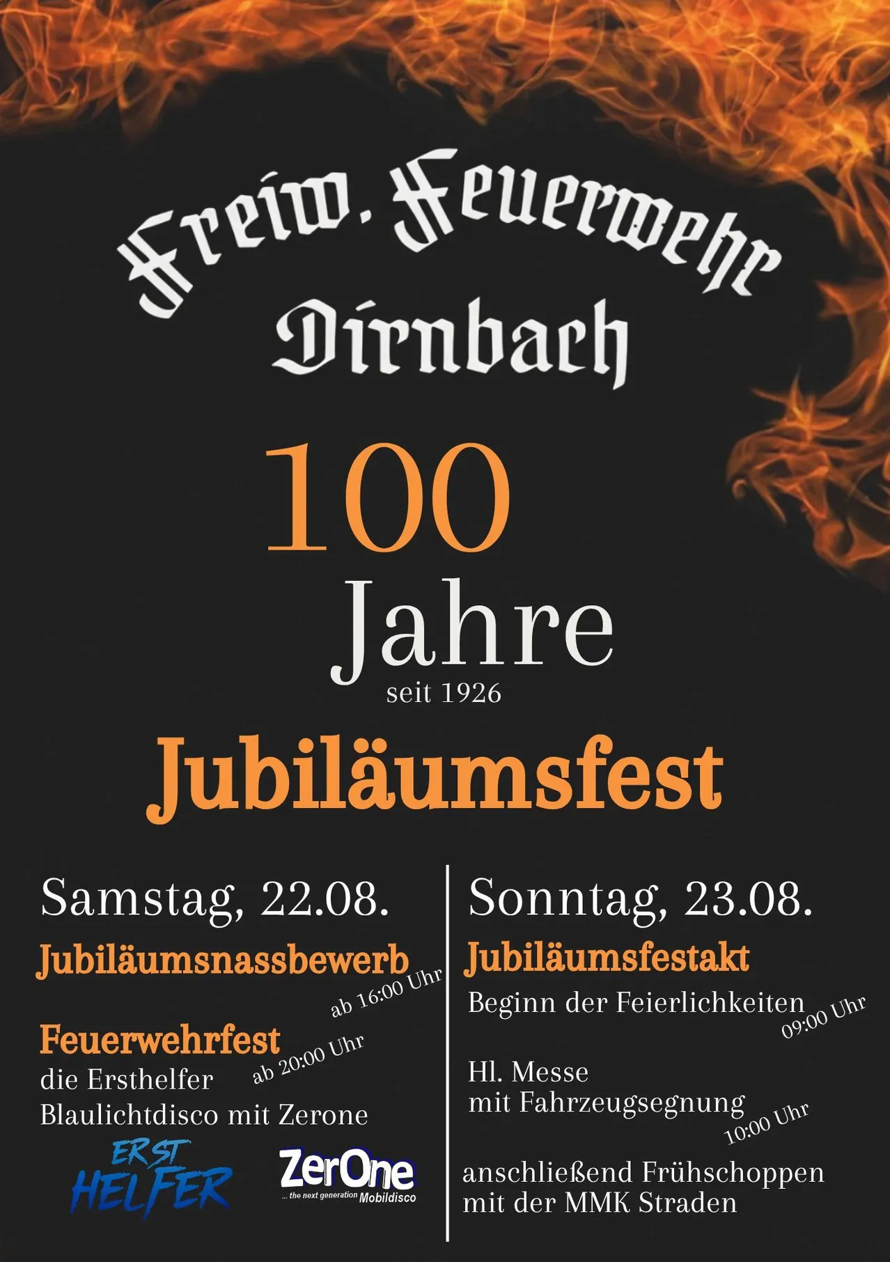 Plakat für die 100-Jahr-Feier der Freiwilligen Feuerwehr Dirmbach mit Daten und Veranstaltungen für den 22. und 23. August 2020.