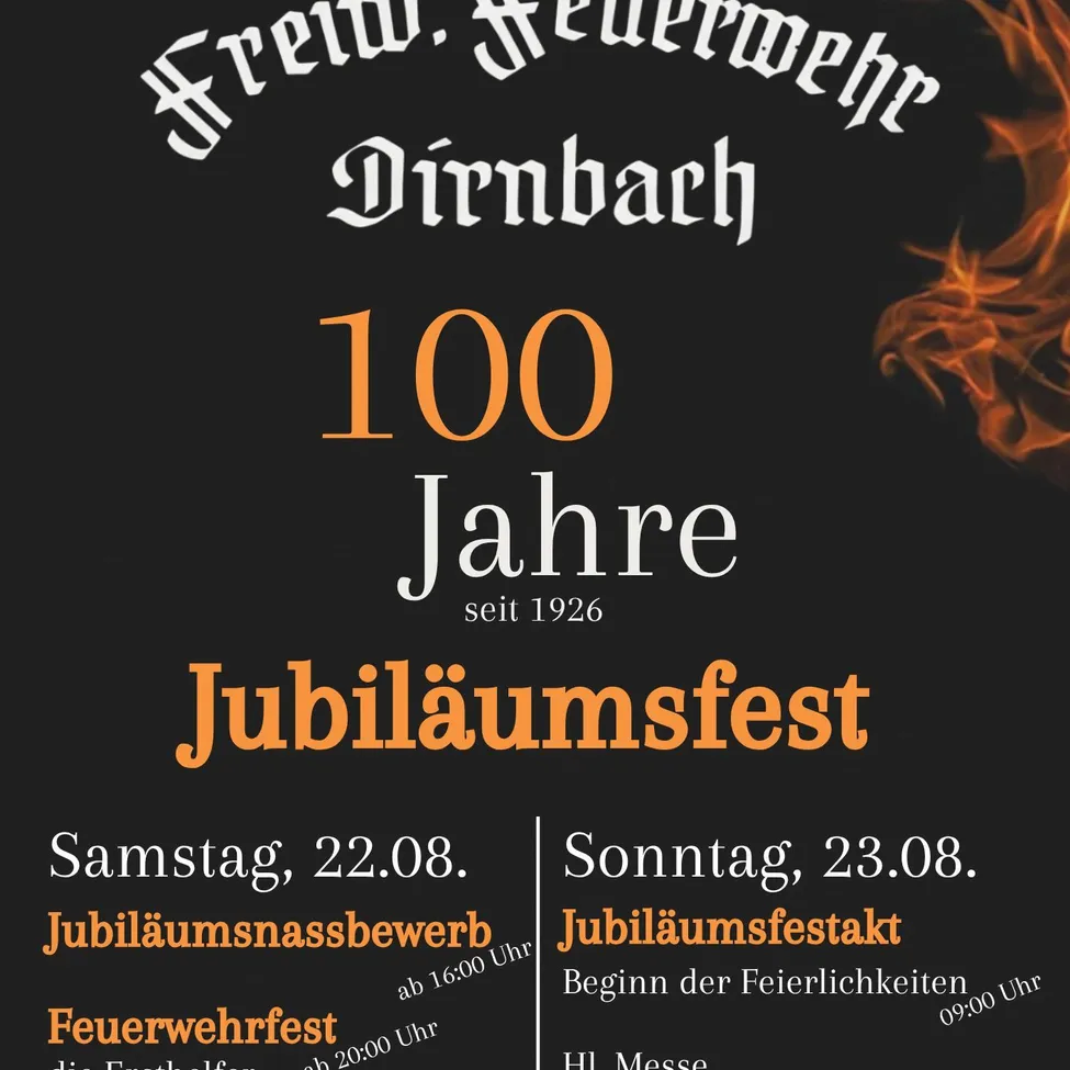 Plakat für die 100-Jahr-Feier der Freiwilligen Feuerwehr Dirmbach mit Daten und Veranstaltungen für den 22. und 23. August 2020.