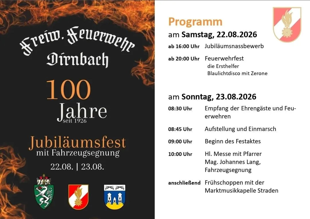 Ein Plakat für eine 100-Jahre-Jubiläumsfeier mit Feuerhintergrund und Text auf Deutsch. Die Veranstaltung umfasst eine Jubiläumsfeier der Feuerwehr, ein Feuerwehrfest und eine Blaulichtdisco mit Zeron. Der Zeitplan ist für den 22. bis 23. August 2026.