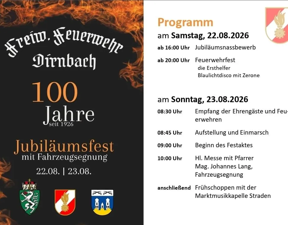 Ein Plakat für eine 100-Jahre-Jubiläumsfeier mit Feuerhintergrund und Text auf Deutsch. Die Veranstaltung umfasst eine Jubiläumsfeier der Feuerwehr, ein Feuerwehrfest und eine Blaulichtdisco mit Zeron. Der Zeitplan ist für den 22. bis 23. August 2026.