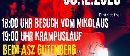 Plakat für eine Veranstaltung in Gutenberg, Deutschland, am 05.12.2025, mit einer rot beleuchteten Szene und Personen im Hintergrund. Das Plakat enthält Details über den Nikolausbesuch, Krampuslauf und Veranstaltungen im ASZ Gutenberg.