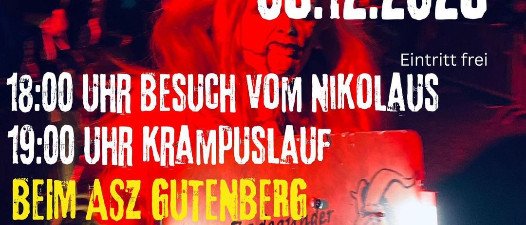Plakat für eine Veranstaltung in Gutenberg, Deutschland, am 05.12.2025, mit einer rot beleuchteten Szene und Personen im Hintergrund. Das Plakat enthält Details über den Nikolausbesuch, Krampuslauf und Veranstaltungen im ASZ Gutenberg.