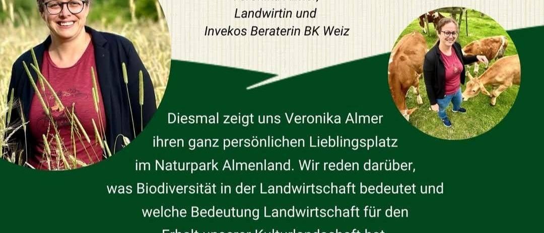Ein Veranstaltungsplakat mit Veronika Almer, einer Landwirtin, die über Biodiversität in der Landwirtschaft spricht. Sie teilt ihre persönlichen Erfahrungen und betont die Bedeutung der Erhaltung unserer Kulturlandschaft. Die Veranstaltung findet am 4. Dezember um 19 Uhr online über Teams statt. Anmeldeschluss ist der 5. Mai.